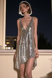 V-Neck A-Line Vestido de cocktail cinza prateado