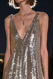 V-Neck A-Line Vestido de cocktail cinza prateado