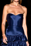 Vestido de cocktail curto Navy A-Line com folhos
