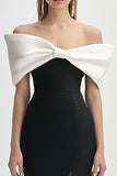 Marfim e preto fora do ombro Bodycon vestido de cocktail com fenda