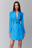 Vestido azul de mangas compridas Notched Lapela Blazer Curto