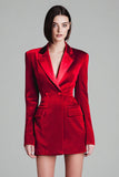 Veludo Vermelho Notched Lapela Vestido Blazer Curto