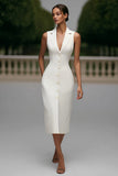 Marfim Crepe Pico Lapela Bodycon Vestido de Trabalho