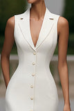 Marfim Crepe Pico Lapela Bodycon Vestido de Trabalho