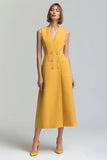 Uma linha amarela V pescoço midi vestido de trabalho