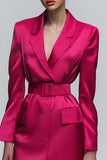 Fuchsia Cetim Notched Lapela Bodycon Vestido de Trabalho