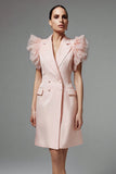 Ruffled Pink A Line Peak Lapel Vestido de Trabalho