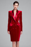 Red Velvet Bodycon Pico Lapela Midi Vestido de Trabalho