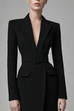Preto Cetim Pico Lapela Bodycon Vestido de Trabalho