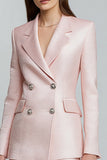 Pink cetim bodycon entalhe lapela vestido curto de trabalho