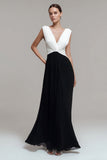 Preto branco V pescoço plissado vestido formal