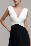Preto branco V pescoço plissado vestido formal