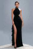 High Neck Black Sheath Hollow-out Vestido Formal com Fenda