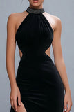 High Neck Black Sheath Hollow-out Vestido Formal com Fenda
