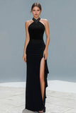 Halter vestido formal da bainha de veludo preto com fenda