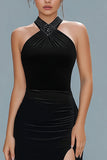Halter vestido formal da bainha de veludo preto com fenda