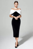 Fora do ombro preto branco veludo bainha midi vestido formal