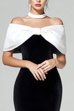 Fora do ombro preto branco veludo bainha midi vestido formal
