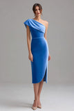 Um ombro azul Vlevet vestido formal com fenda