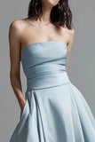 Strapless Sky Blue Uma linha de cetim vestido formal