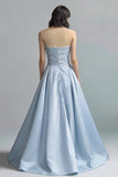 Vestido de Cerimónia Azul Celeste Sem Alças Linha-A Cetim com Bolsos
