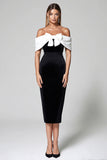 Fora do ombro Veludo Preto Bainha Branco Vestido Formal