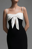 Preto branco bainha espaguete alças vestido formal com bowknot
