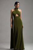 Halter Olive Chiffon Uma linha plissado vestido formal