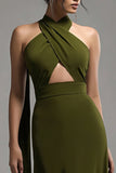 Halter Olive Chiffon Uma linha plissado vestido formal