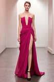 Vestido de noite rosa Ruched Strapless com fenda