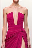 Vestido de noite rosa Ruched Strapless com fenda