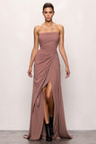 Strapless Blush Backless Ruched longo vestido de noite com fenda