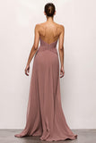 Strapless Blush Backless Ruched longo vestido de noite com fenda