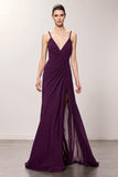 Roxo V-Neck Ruched Bainha Vestido de Noite Longo com Fenda
