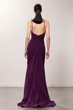 Roxo V-Neck Ruched Bainha Vestido de Noite Longo com Fenda