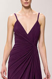Roxo V-Neck Ruched Bainha Vestido de Noite Longo com Fenda