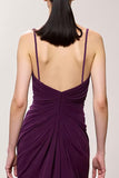 Roxo V-Neck Ruched Bainha Vestido de Noite Longo com Fenda