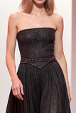 Preto Sparkly Strapless Long A Line Vestido de Noite