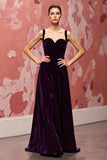 Veludo Simples Roxo Escuro Uma Linha Long Holiday Vestido de Festa