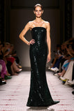 Sparkly Preto Sequins Strapless Sereia Vestido de Noite