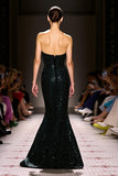Sparkly Preto Sequins Strapless Sereia Vestido de Noite