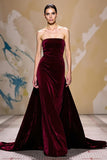 Veludo Vermelho Escuro Uma Linha Strapless Long Holiday Vestido de Festa