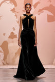 Vestido de noite simples de veludo preto longo buraco da fechadura