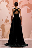 Vestido de noite simples de veludo preto longo buraco da fechadura