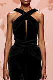 Vestido de noite simples de veludo preto longo buraco da fechadura