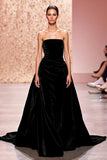 Veludo simples preto sem alças uma linha longo vestido de noite