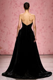 Preto Simples Uma Linha Veludo Strapless Vestido de Noite Longo com Fenda