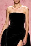 Preto Simples Uma Linha Veludo Strapless Vestido de Noite Longo com Fenda