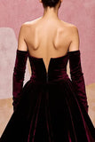 Querida Veludo Vermelho Escuro Uma Linha Vestido de Noite Longo