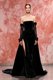 Veludo Preto Uma Linha Strapless Vestido de Noite Longo com Fenda
